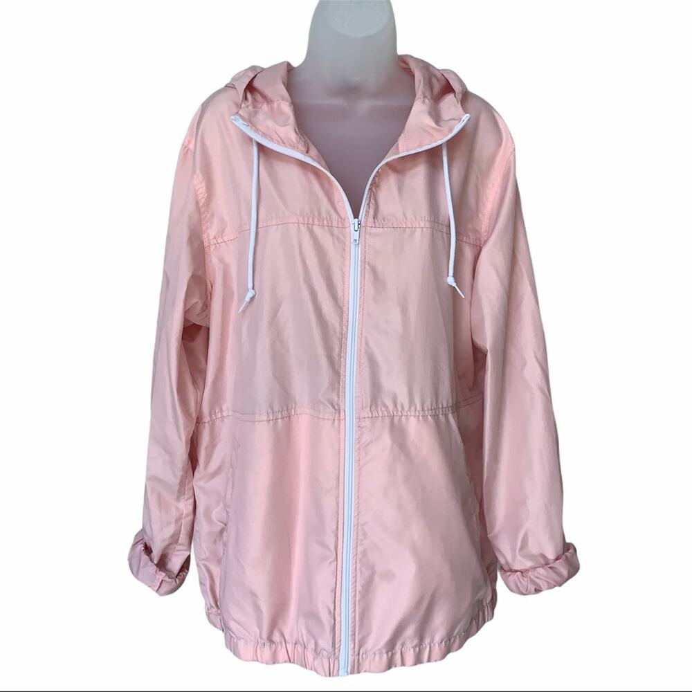 ZINE Women's Pink Full Zip Windbreaker Jacket Pockets Hoodie